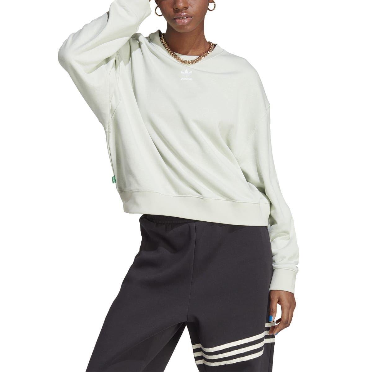 Women’s pale light green crewneck sweatshirt, chest logo and ribbed sleeve cuffs