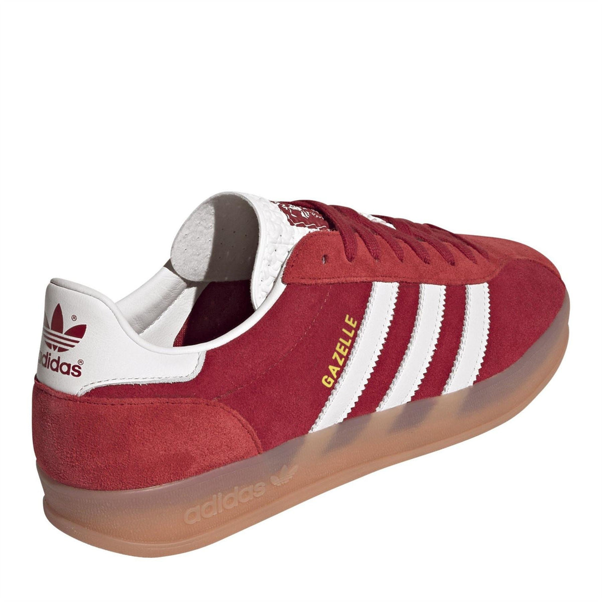 Red low-top trainers with white heel lining, Gazelle stripe, and gum-style sole