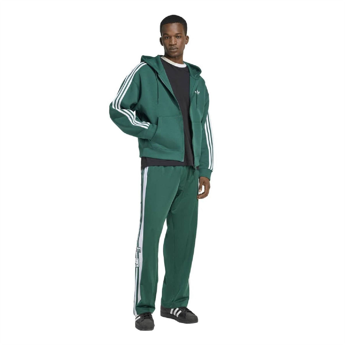 Green adidas-style tracksuit set view: zip hoodie with hood and white sleeve stripes