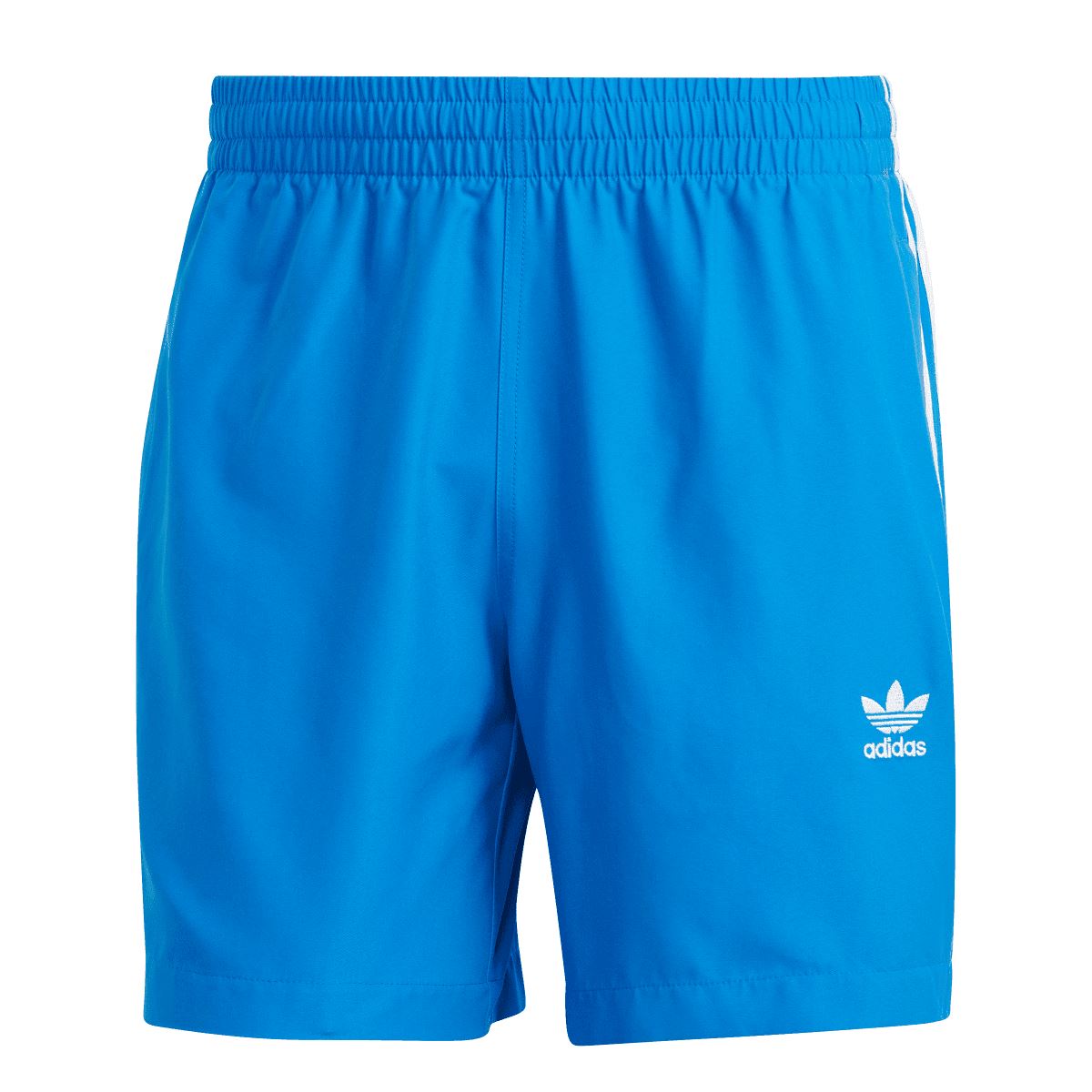 Blue adidas Originals swim shorts with elastic waistband and side stripes