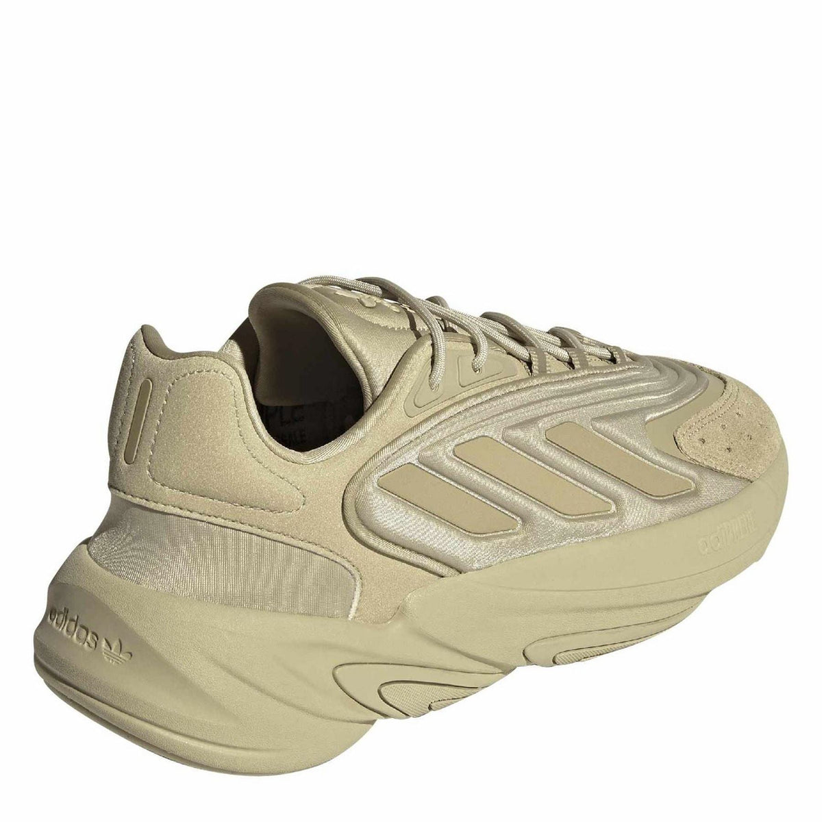 adidas Ozelia chunky lace-up sneakers in beige, heel and side view with thick outsole