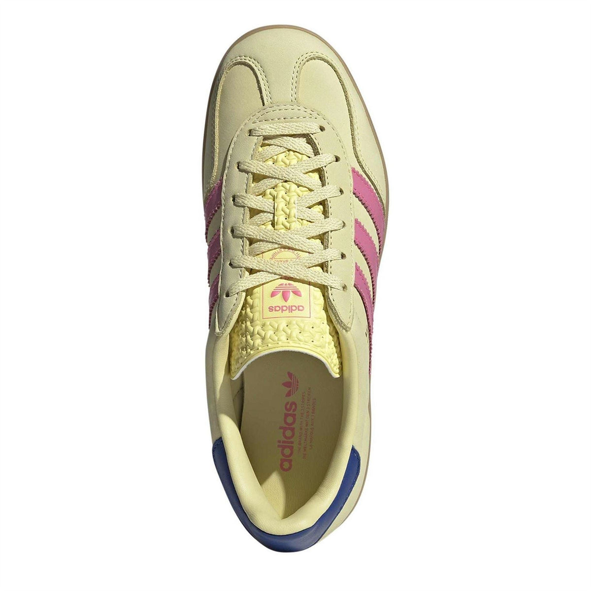 adidas Gazelle low-top sneakers, light yellow with pink stripes and lace-up front