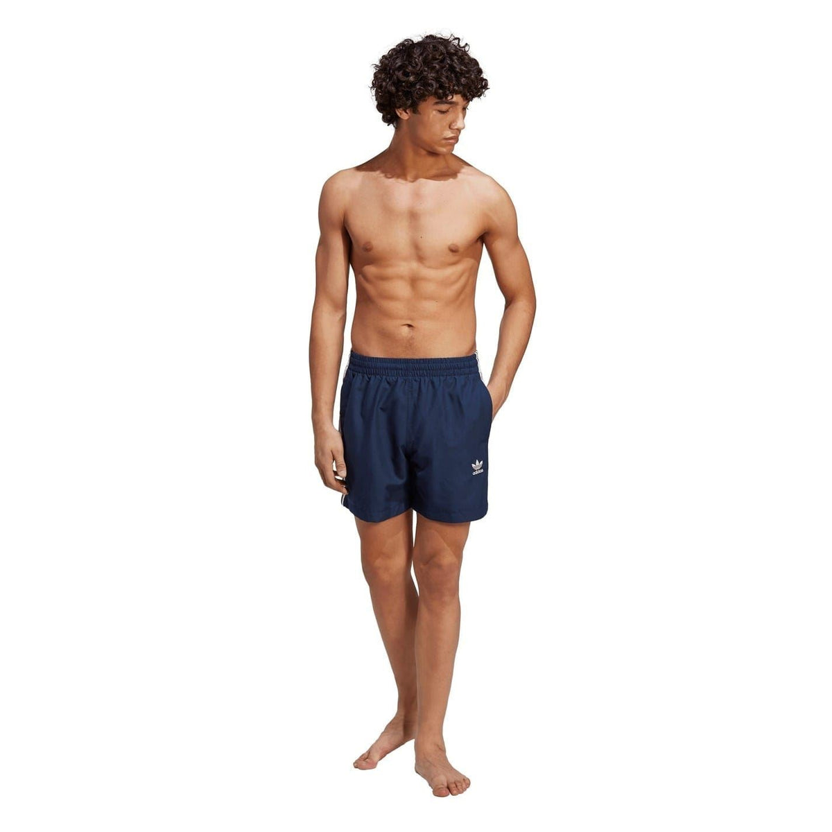 adidas Originals Ori 3 Stripes swim shorts displaying the classic three-stripe design, lightweight fabric, and comfortable fit.