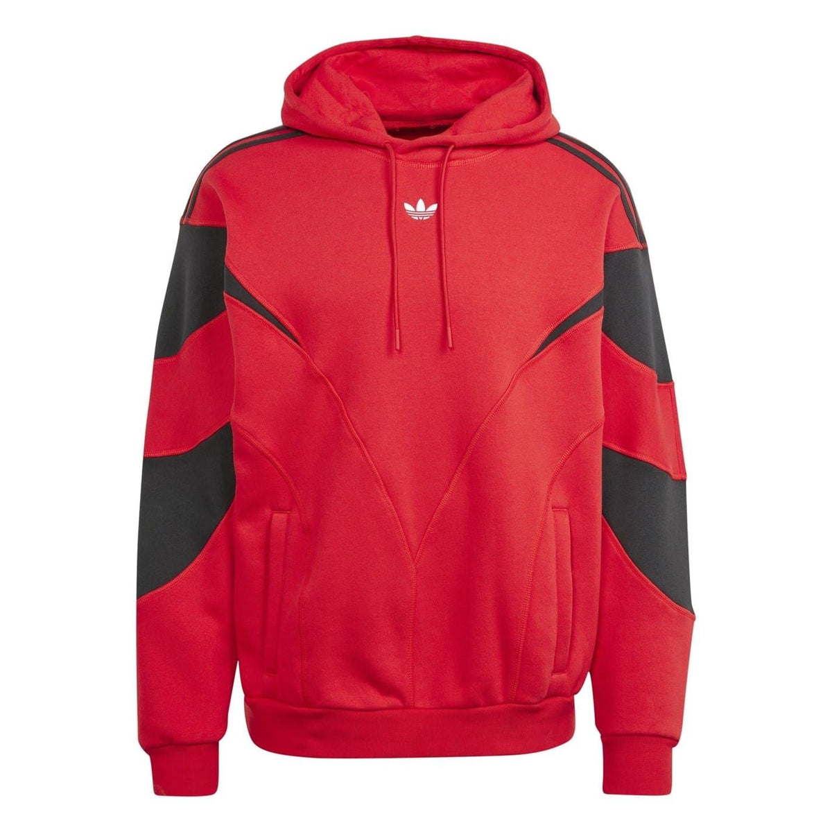 Red hooded sweatshirt with black panel accents, drawstring, and kangaroo pocket.