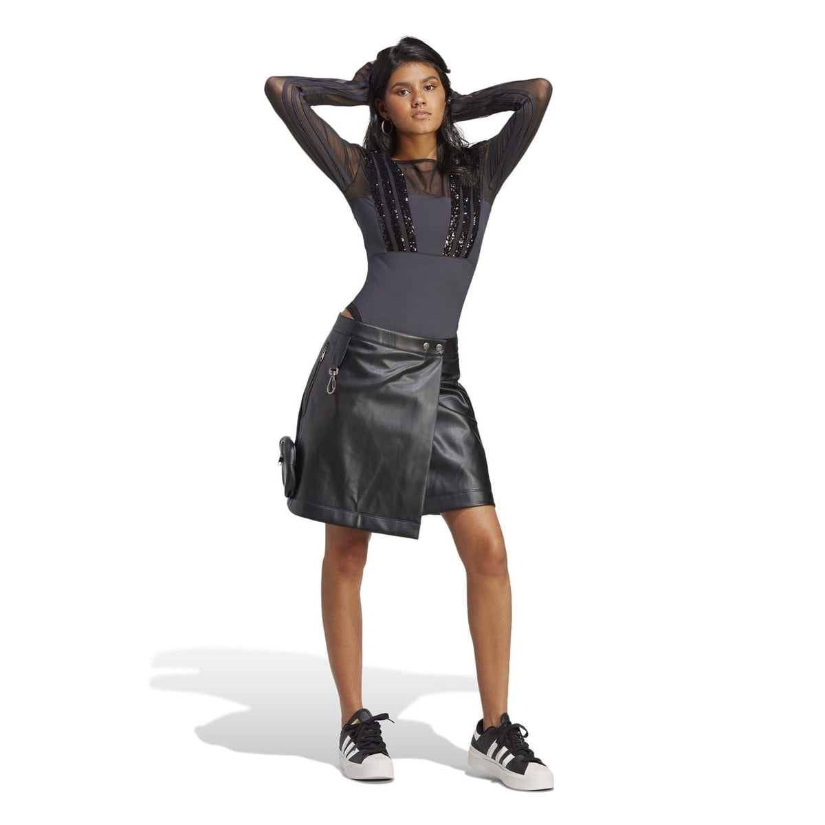 Black slim-fit long-sleeve bodysuit with sheer sleeves and sequin stripe accents