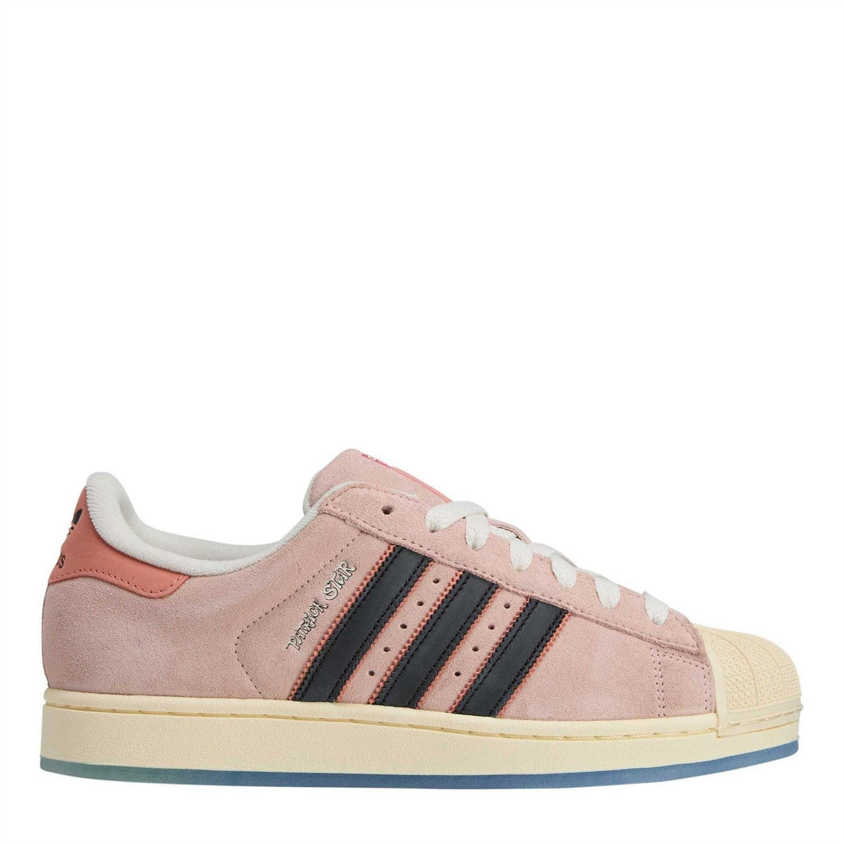 Pink suede low-top sneakers with black three stripes and white laces, tan outsole