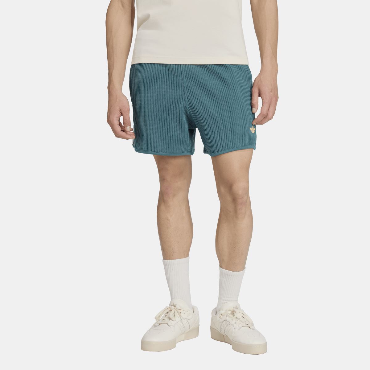 adidas Originals waffle knit sprinter shorts, teal-green athletic fit, 3-stripe detail