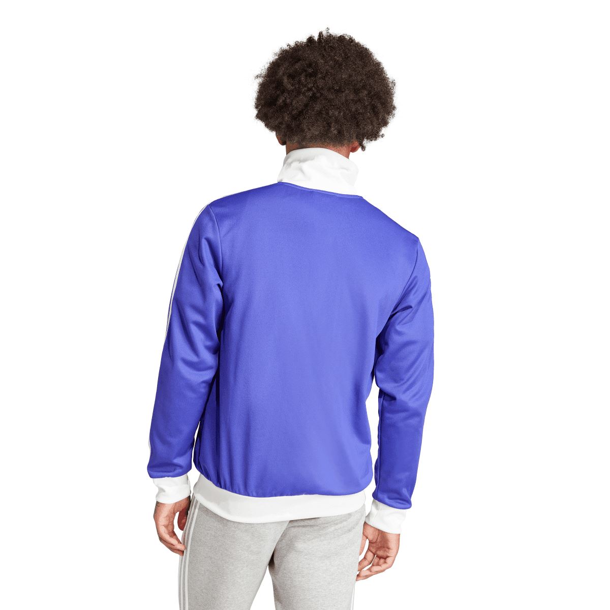 Back view of purple adidas track top with white collar and cuffs, full-zip front