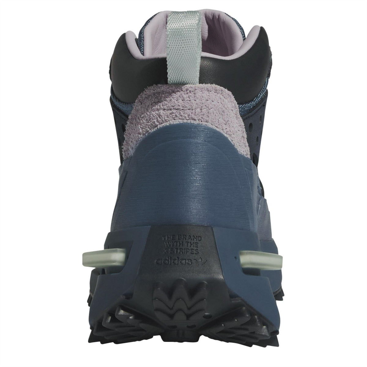Back of blue lace-up sneaker with textured heel, striped collar, and branded details.