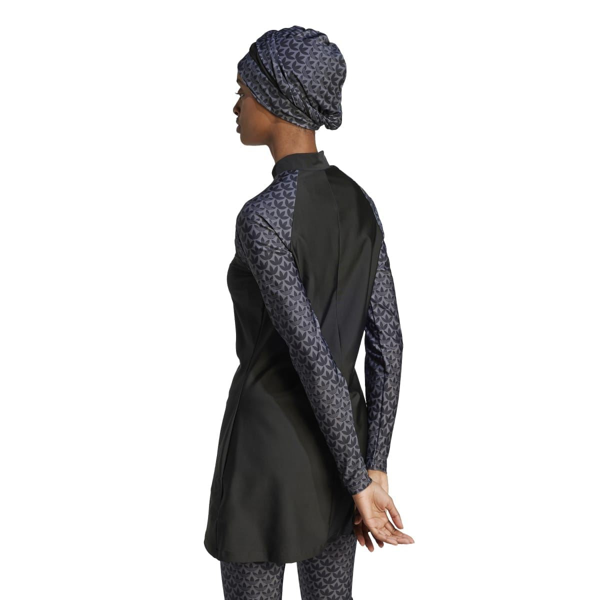 Black swim top with monogram patterned sleeves and back view