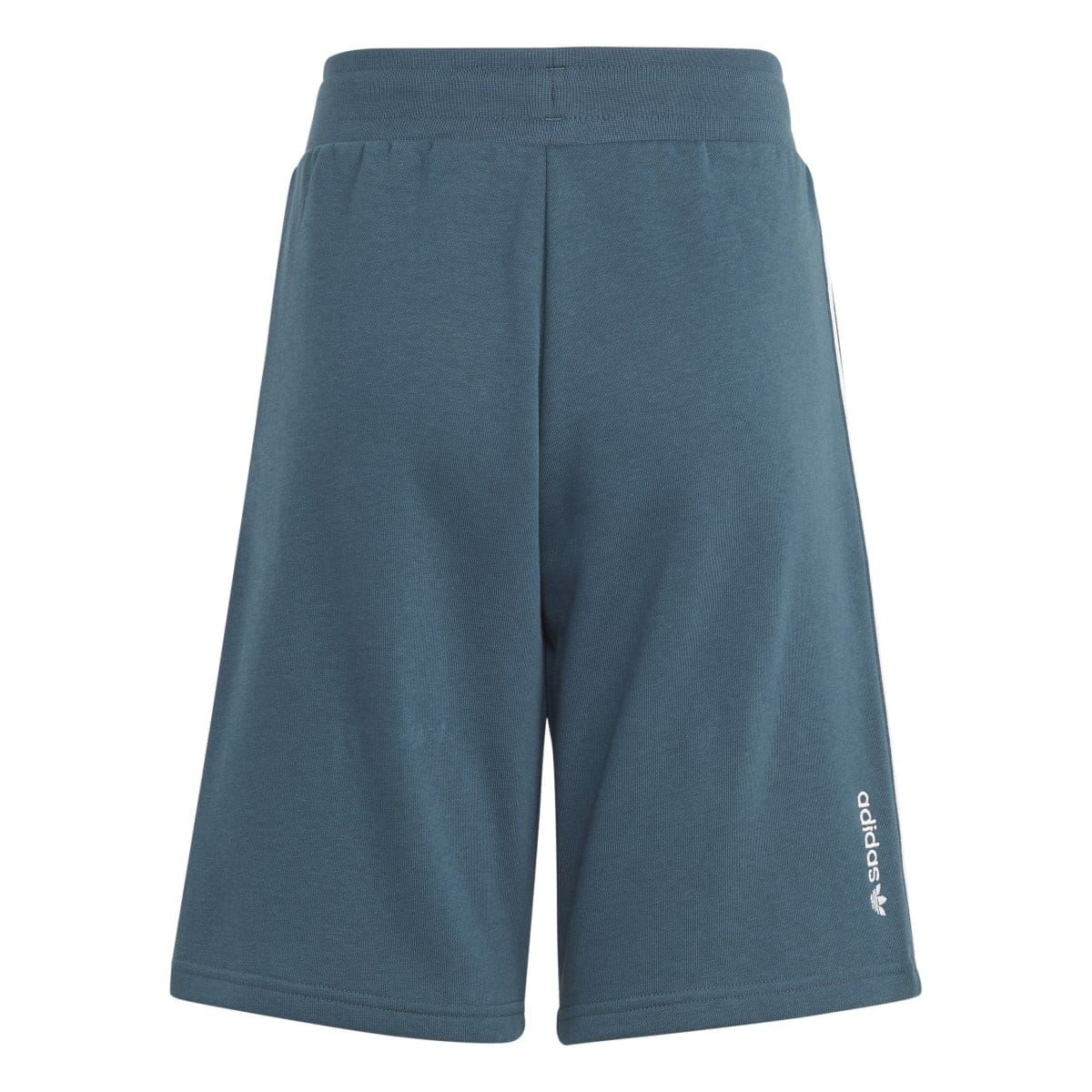 Blue junior shorts with vertical adidas logo on hem and wide back yoke