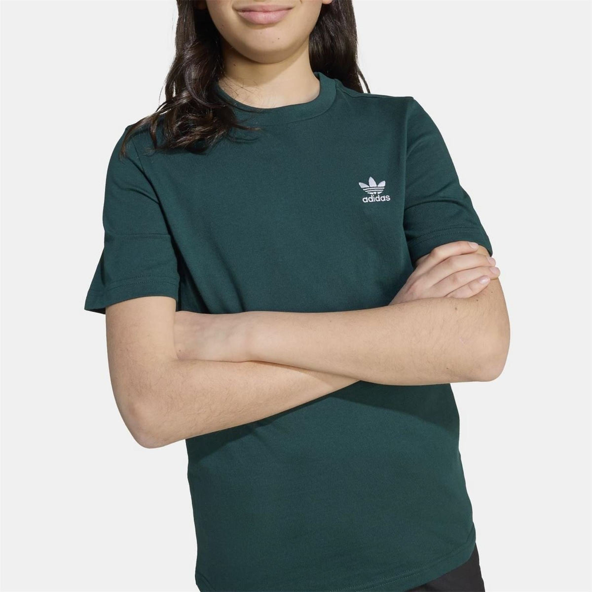adidas Originals green T-shirt close-up with adidas trefoil logo on left chest