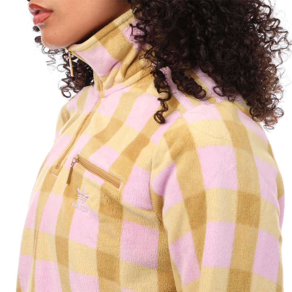 adidas Originals half-zip polar fleece top, close-up of pink and yellow check