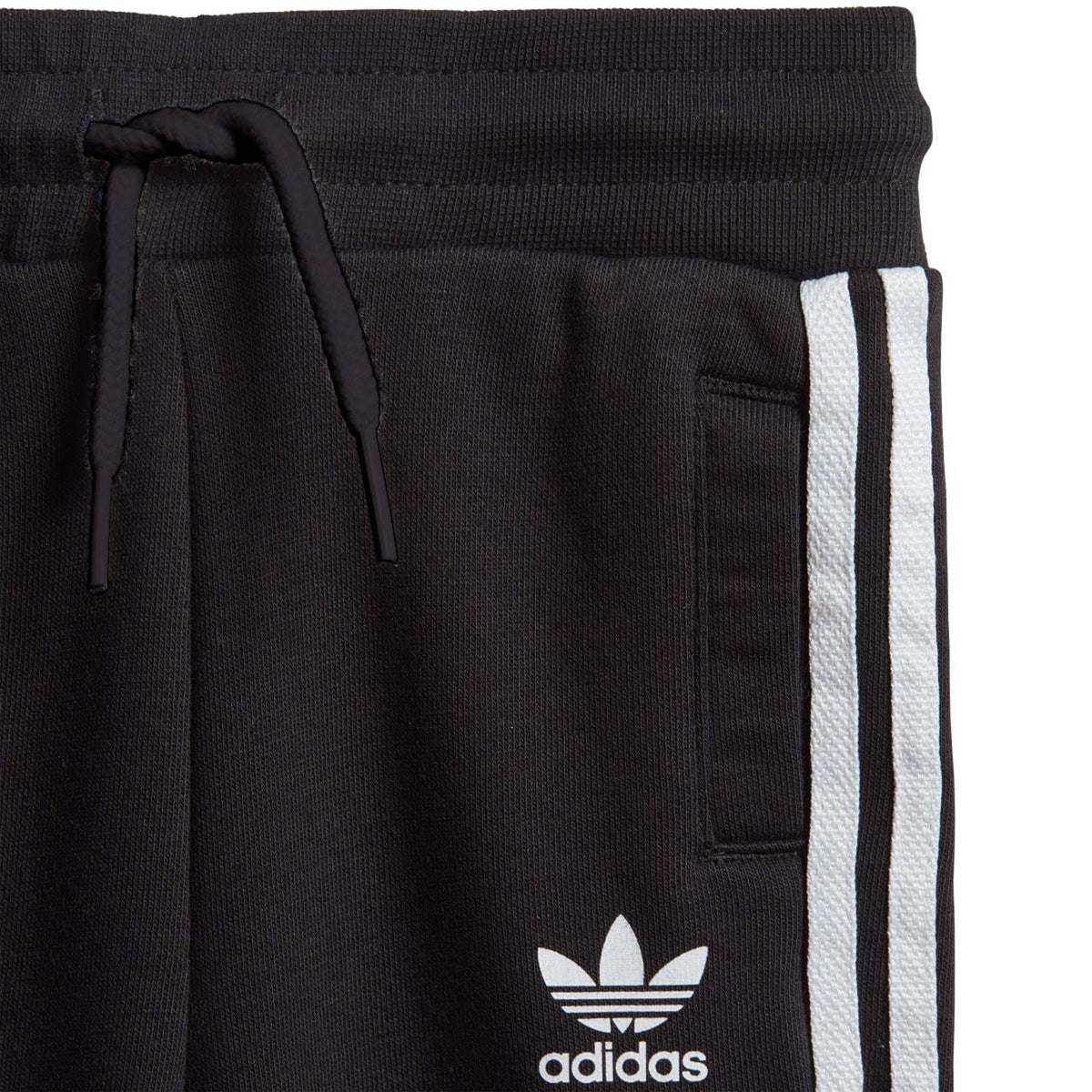 Infants black jogger pants with elastic waistband, drawstring, and side stripe detail