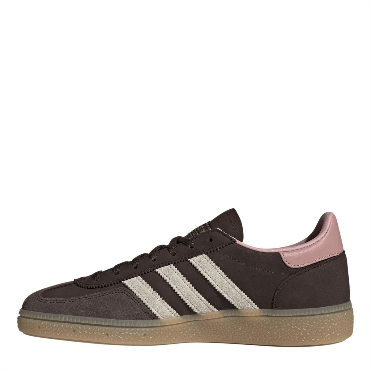 Brown adidas Spezial sneakers with pink collar lining and white triple stripes, side view.