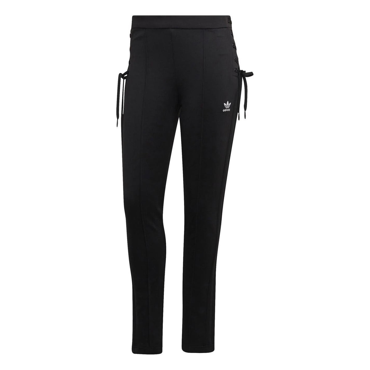 Black adidas Originals slim fit running joggers, athletic track pants with tapered legs and elastic waistband, front pockets, and logo detail.