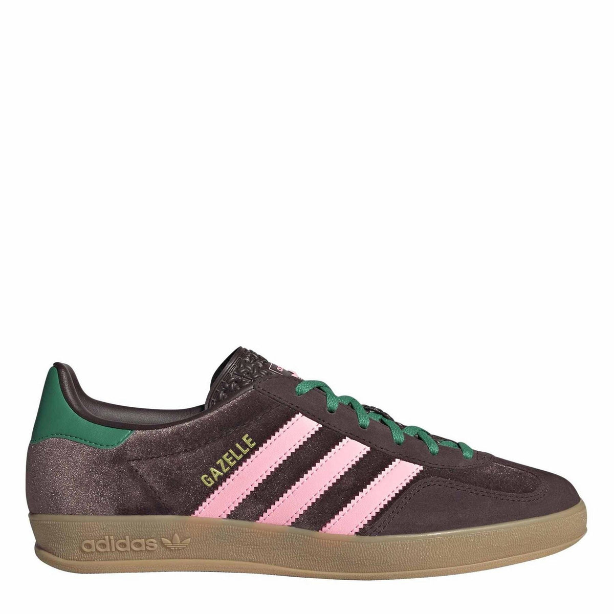Dark brown suede indoor trainers with pink three-stripe detailing and green laces