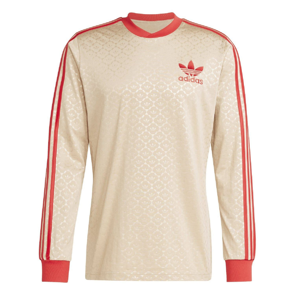 Beige adidas Originals jersey with red adidas logo on chest and sleeve stripe details
