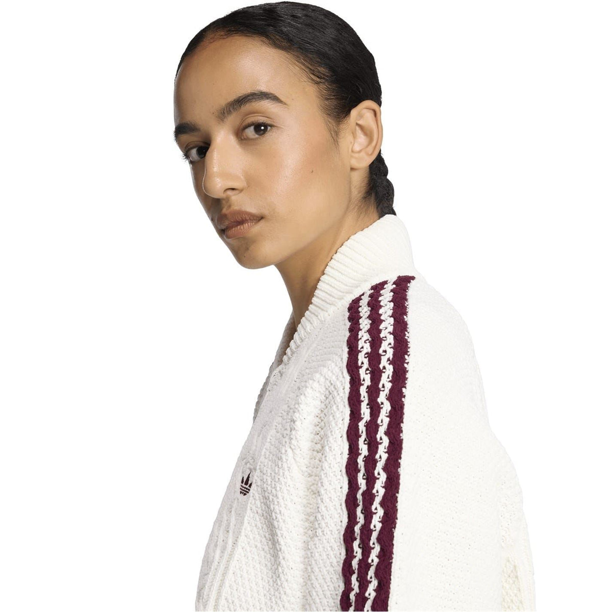 adidas Originals white cable-knit swacket with maroon sleeve stripe detail and stand collar