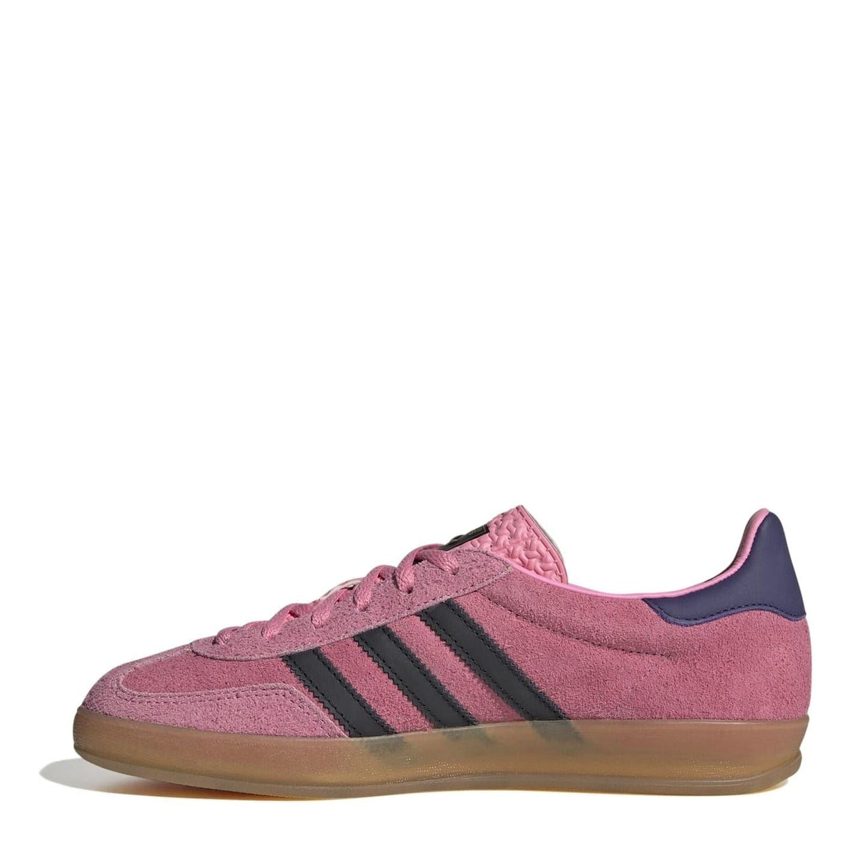 adidas Originals low-top Gazelle trainers, pink suede upper with navy heel panel and gum sole