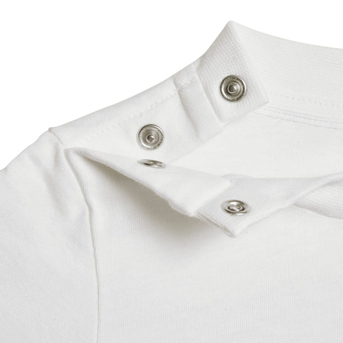Infants white T-shirt with snap-button shoulder placket and crew neckline