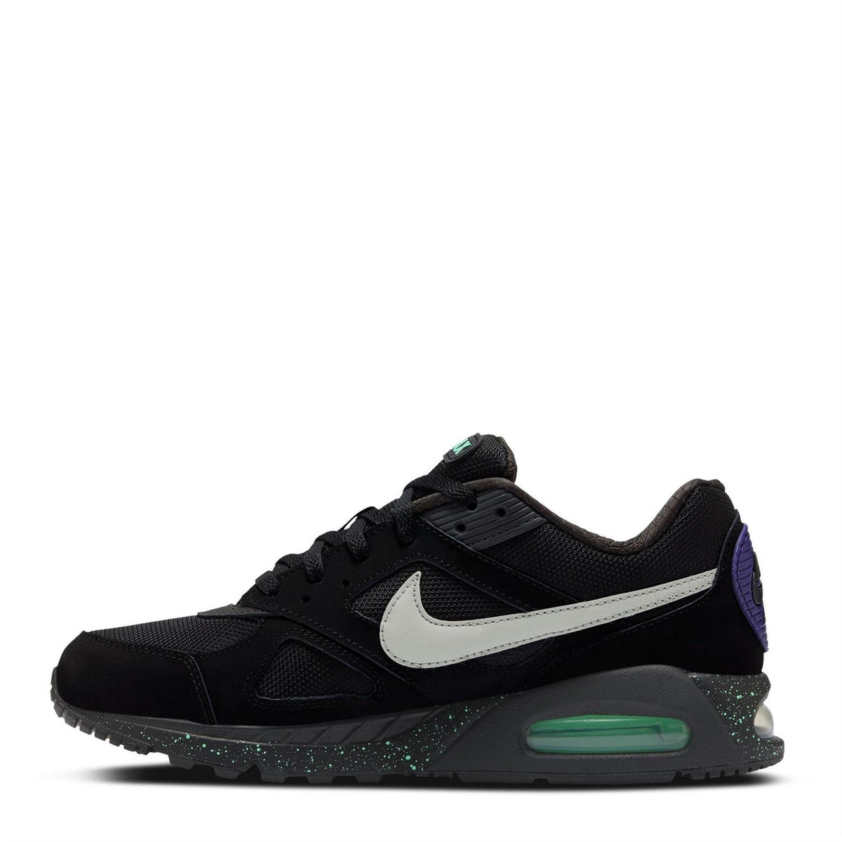 Black Nike Air Max trainer with white swoosh, green air unit, and purple heel tab