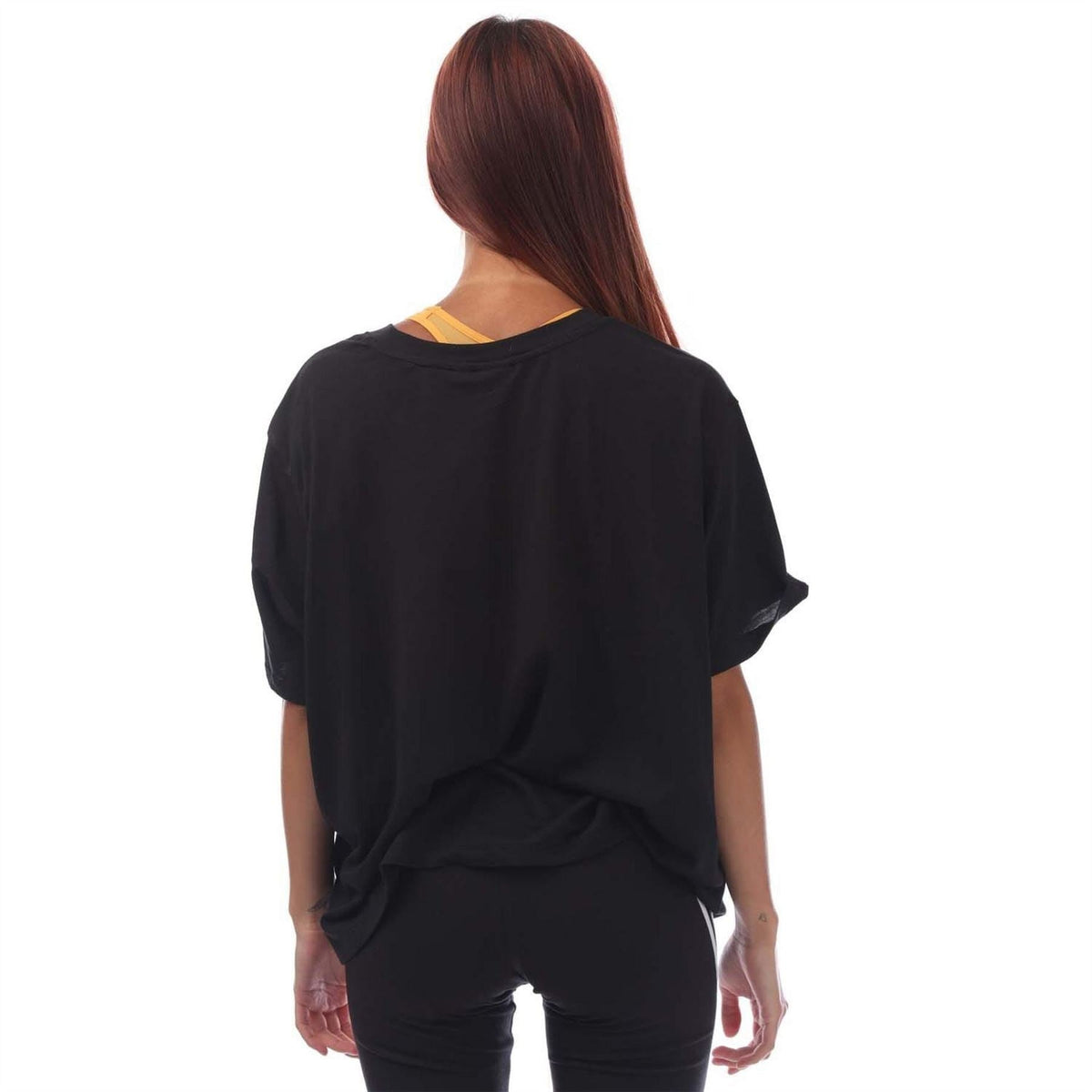 Black boxy T-shirt back view with short sleeves and crew neck