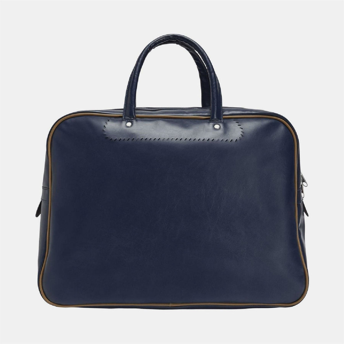 Navy duffel bag with top handles and side zip pockets