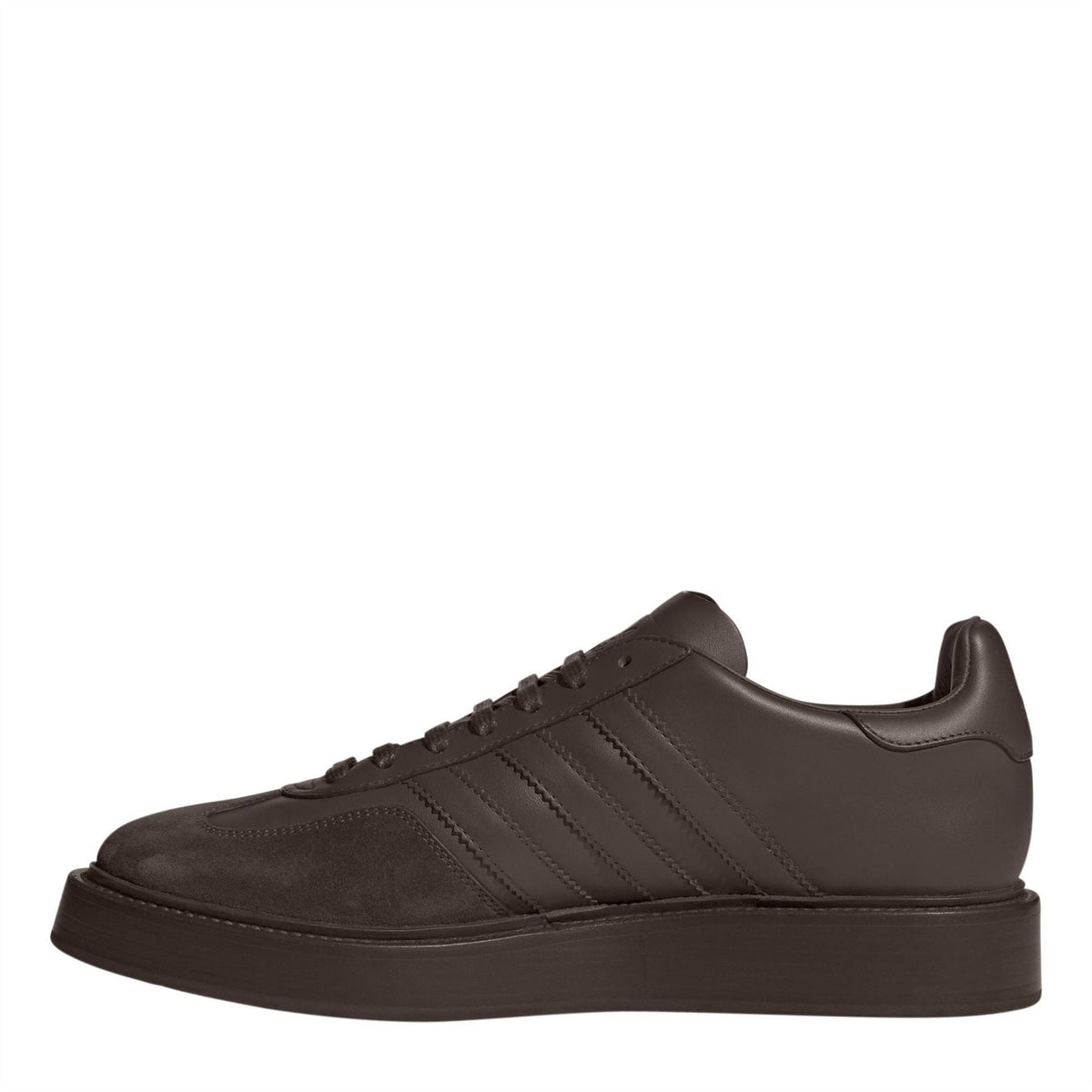 Brown lace-up low-top sneaker, side profile with stitched stripe detailing