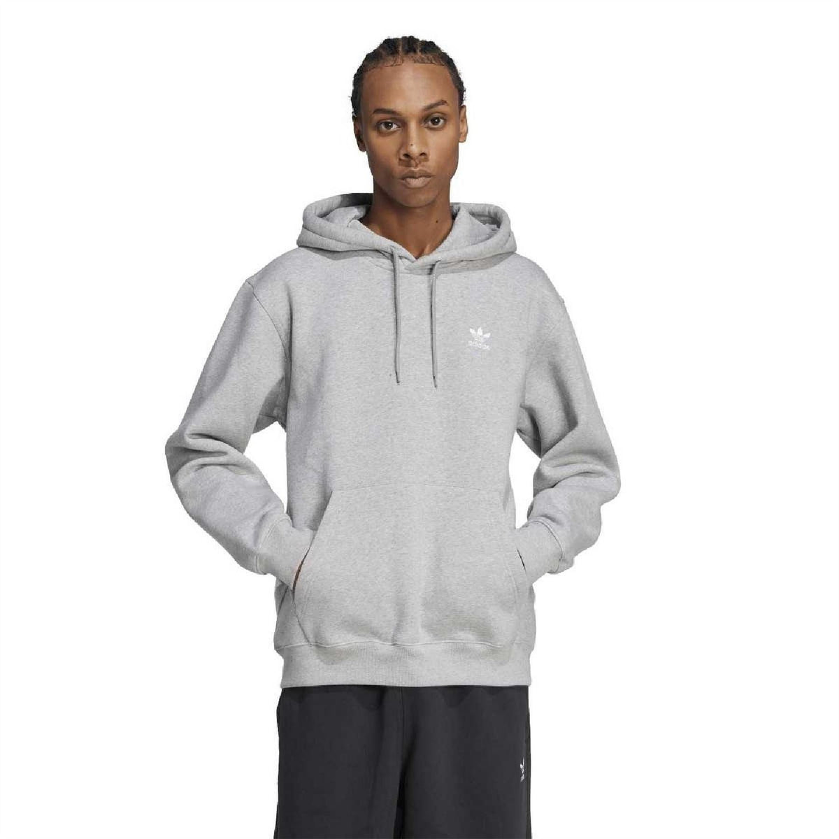 Grey hoodie with adidas trefoil logo, drawstring hood, and kangaroo pocket