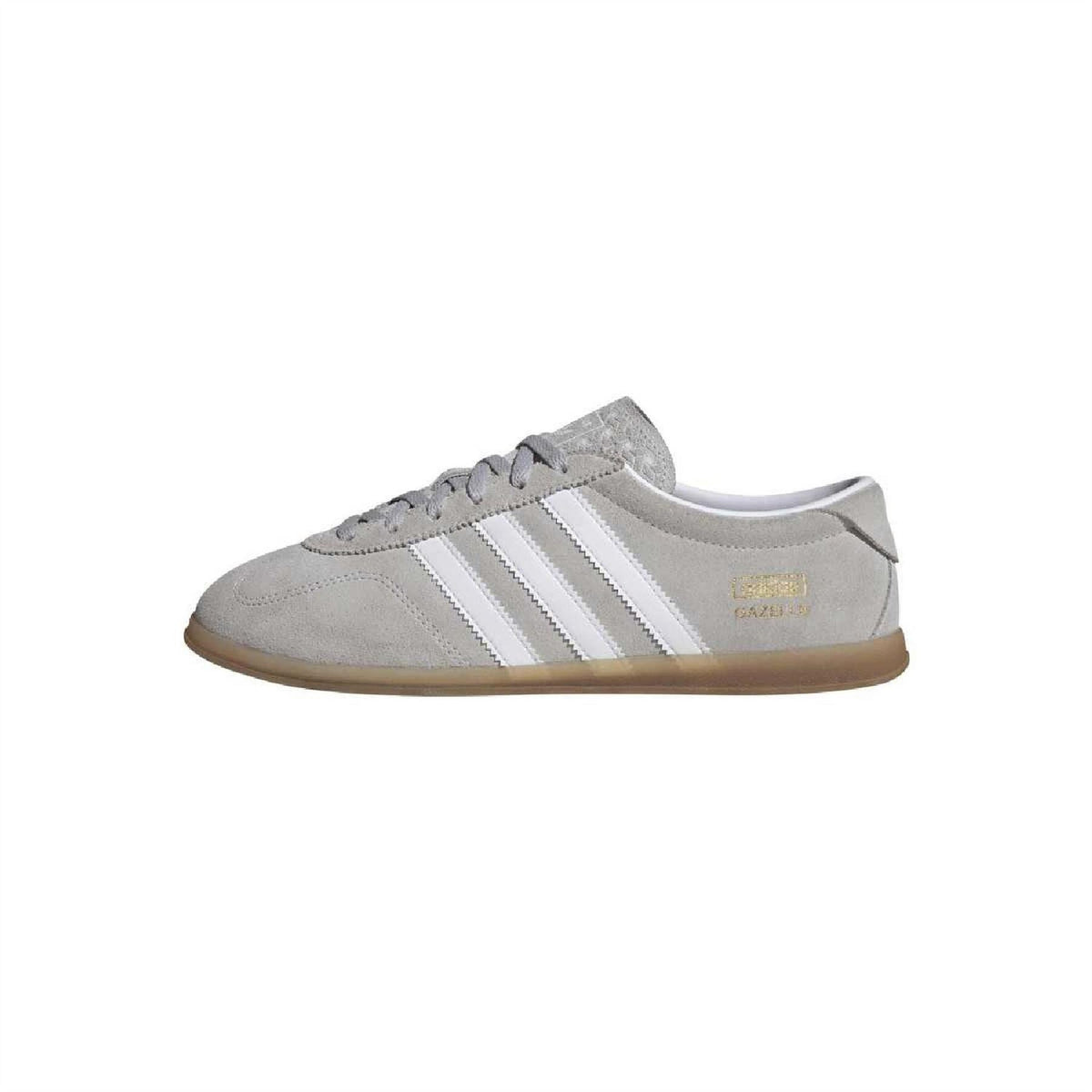Grey Gazelle Lo Pro trainers, side profile with white stripes and lace-up
