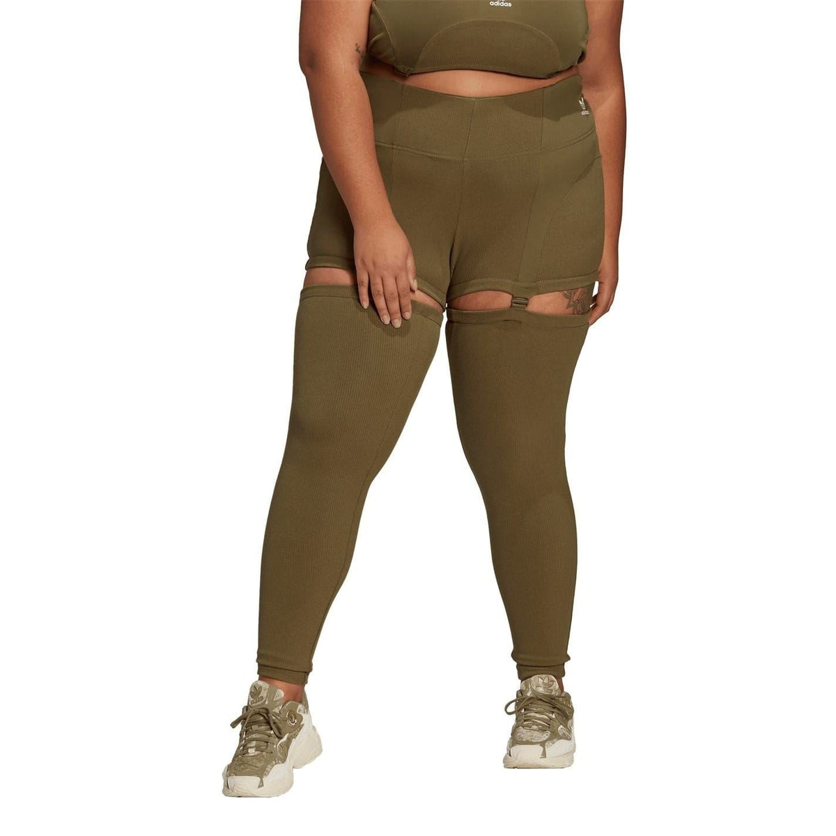Olive ribbed skinny leggings with layered shorts and thigh cutout openings