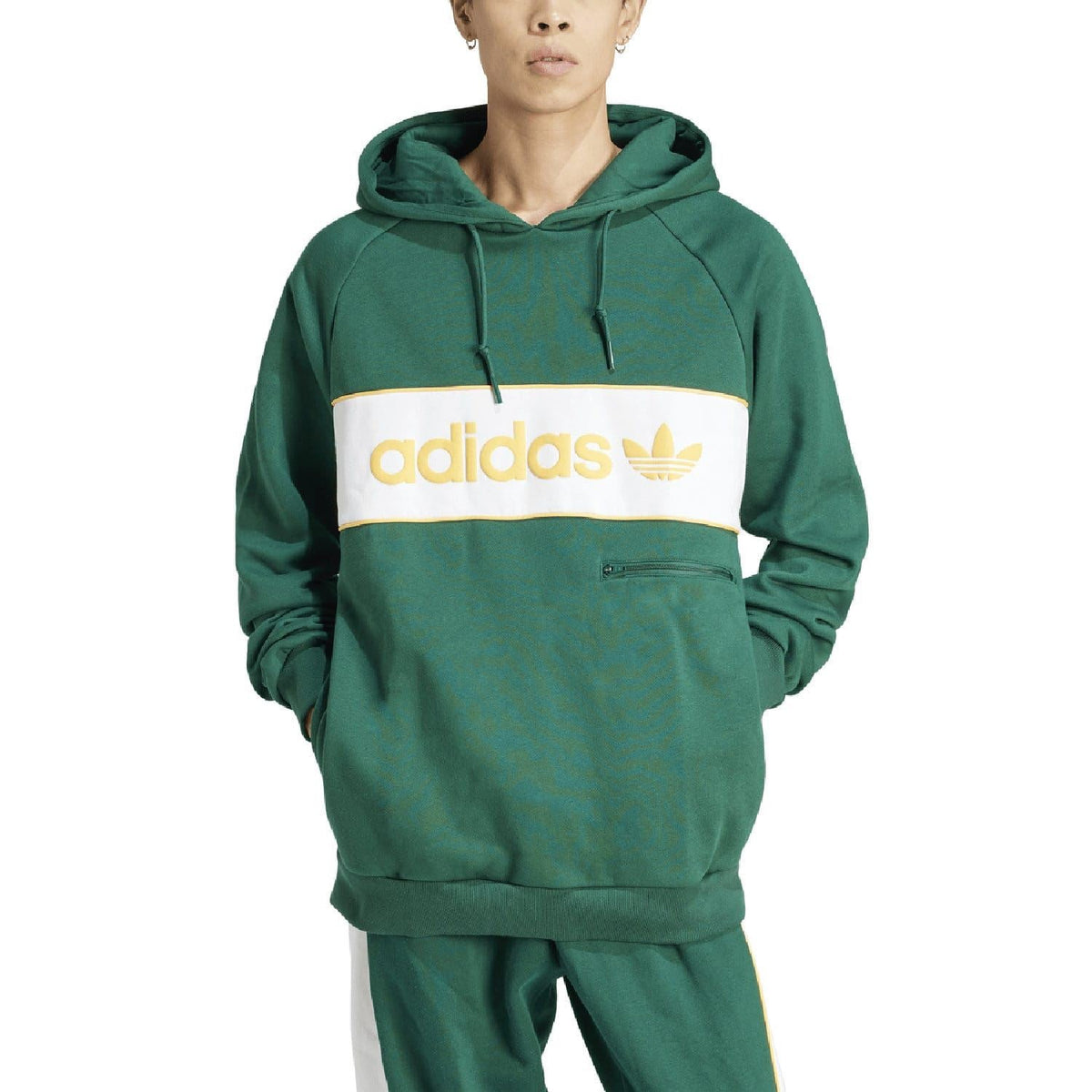 Green pullover hoodie with hood, drawcords, white adidas logo band, and front pocket