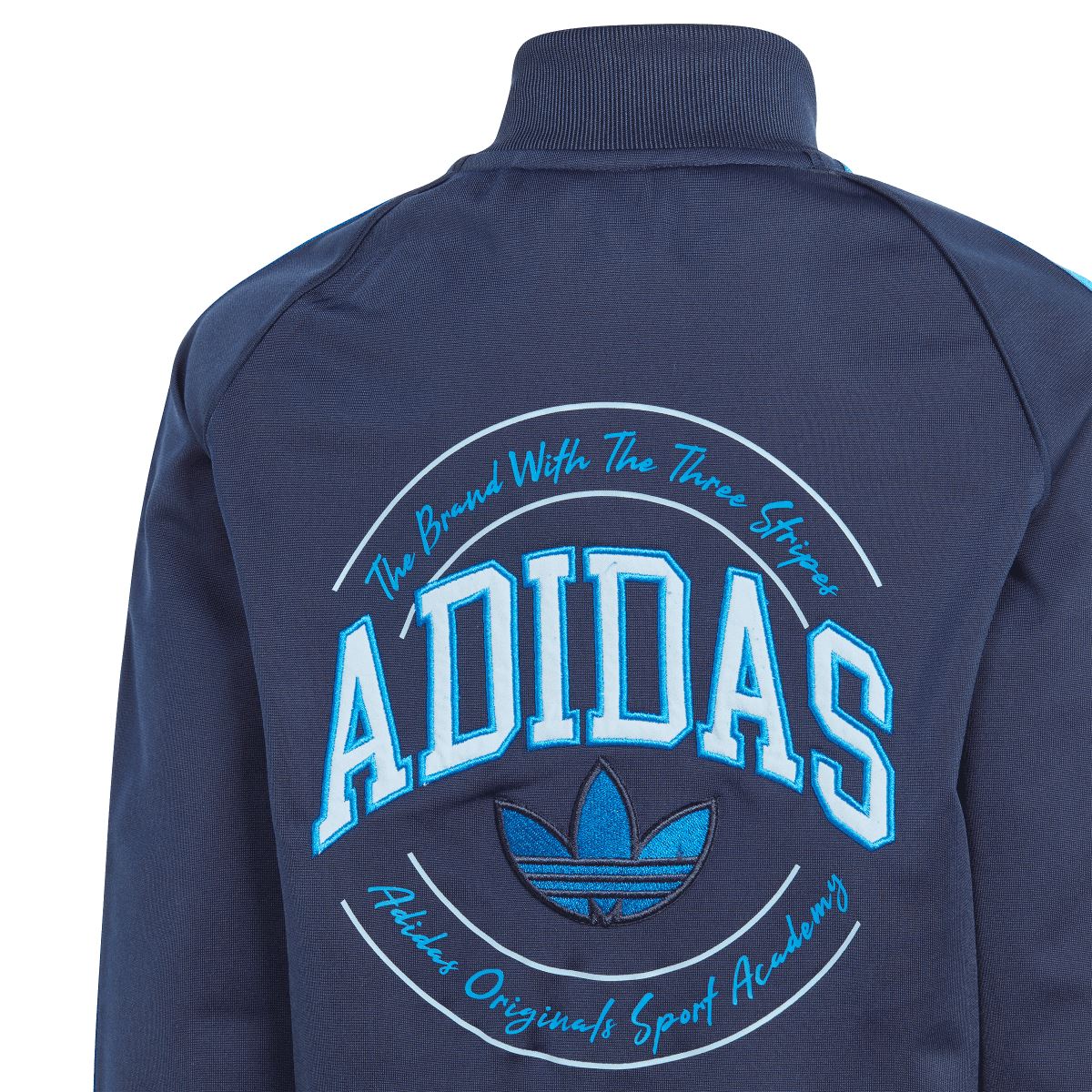 Infant adidas indigo jacket back with large circular logo graphic and high stand-up collar