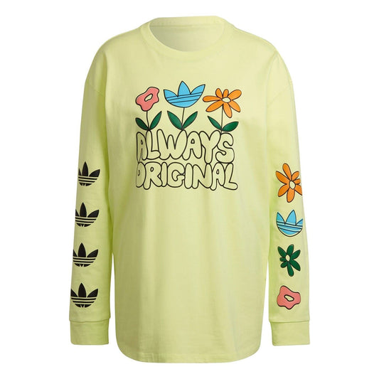 Light green long-sleeve crewneck t-shirt with colorful flower “Always Original” graphic