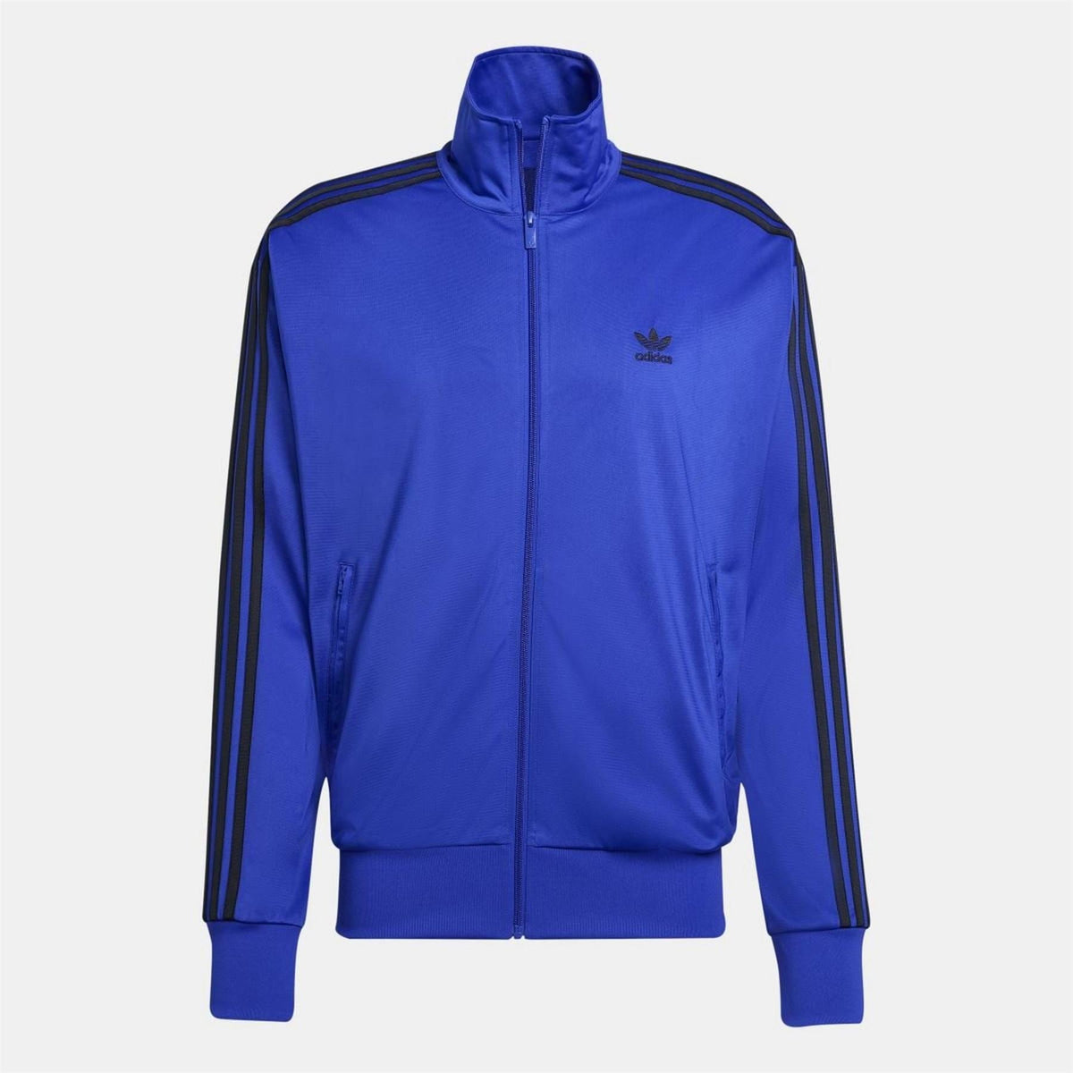 adidas Originals Classics Firebird Track Top in black with white stripes, showing front view and zip closure.