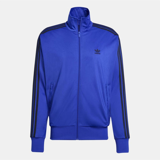 adidas Originals Classics Firebird Track Top in black with white stripes, showing front view and zip closure.