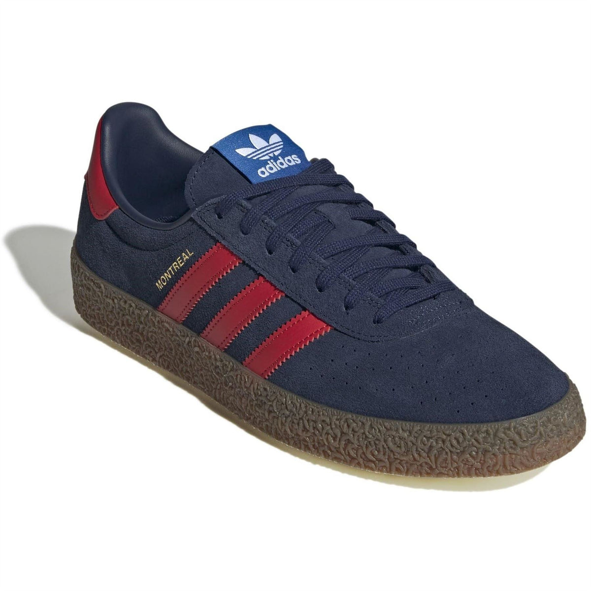 adidas Originals Montreal RM lace-up sneakers in navy suede with red stripes and gum sole