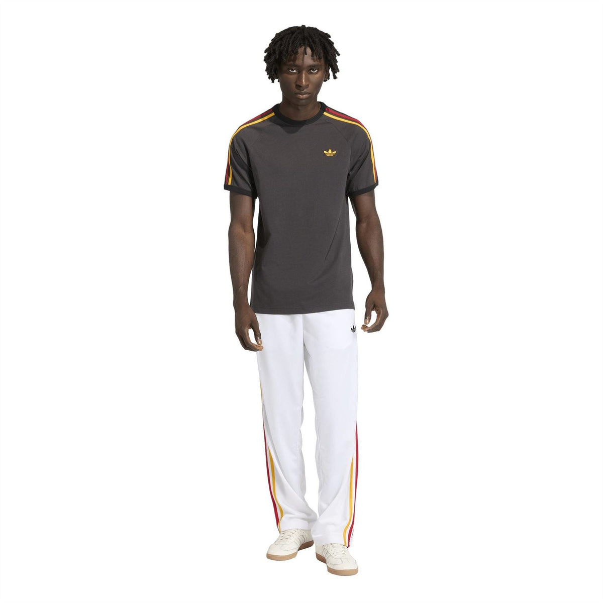 adidas Originals men's black T-shirt with gold trefoil and triple-color stripe accents