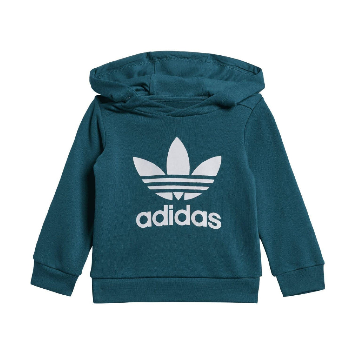 Teal infants hoodie with adidas trefoil logo, front view