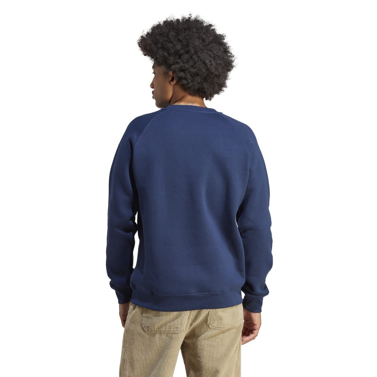 Navy crewneck sweatshirt back view with rib cuffs and straight hem