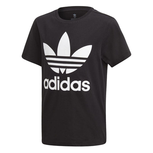 Kids black crew-neck T-shirt with white adidas Trefoil logo and adidas wordmark