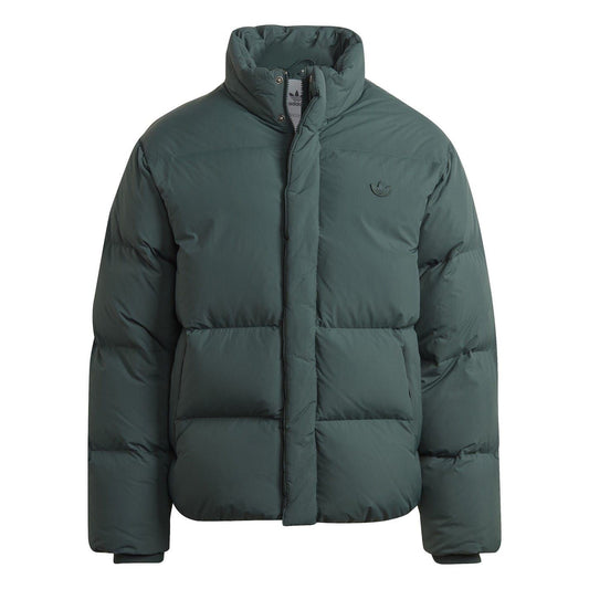adidas Originals relaxed fit down jacket with collared neck, lightweight coat for cold weather, black color, front view