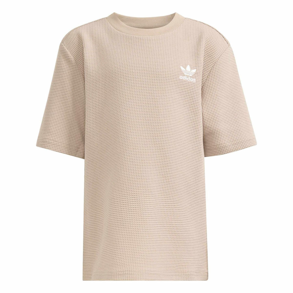Stone khaki waffle knit t-shirt for infants with adidas trefoil logo, crew neck.