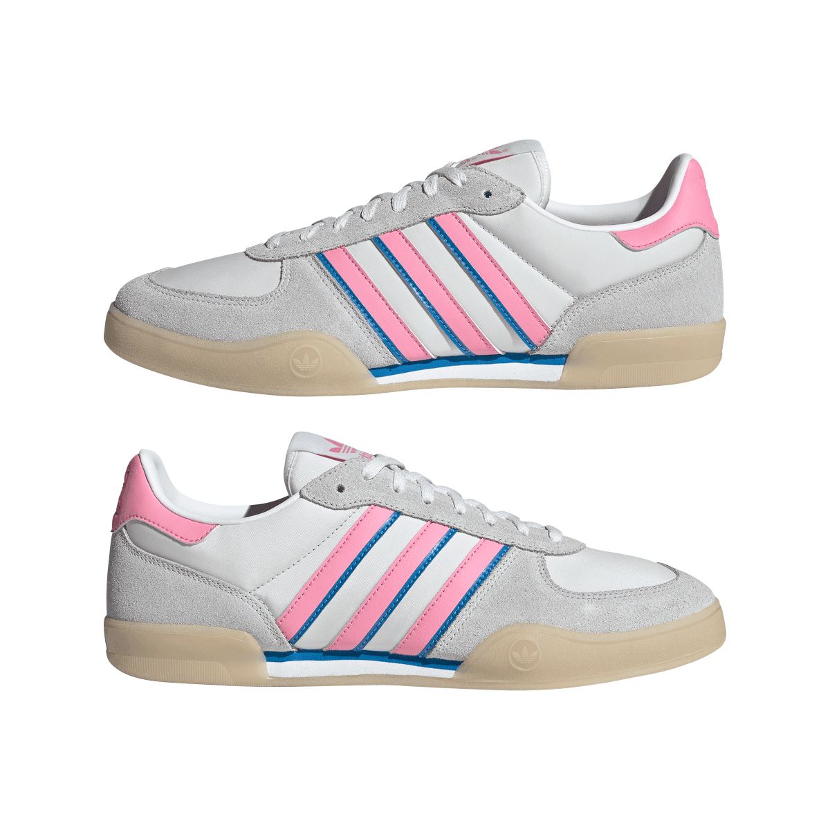 adidas Originals indoor sneaker pair showing grey upper, pink/blue stripes, gum sole