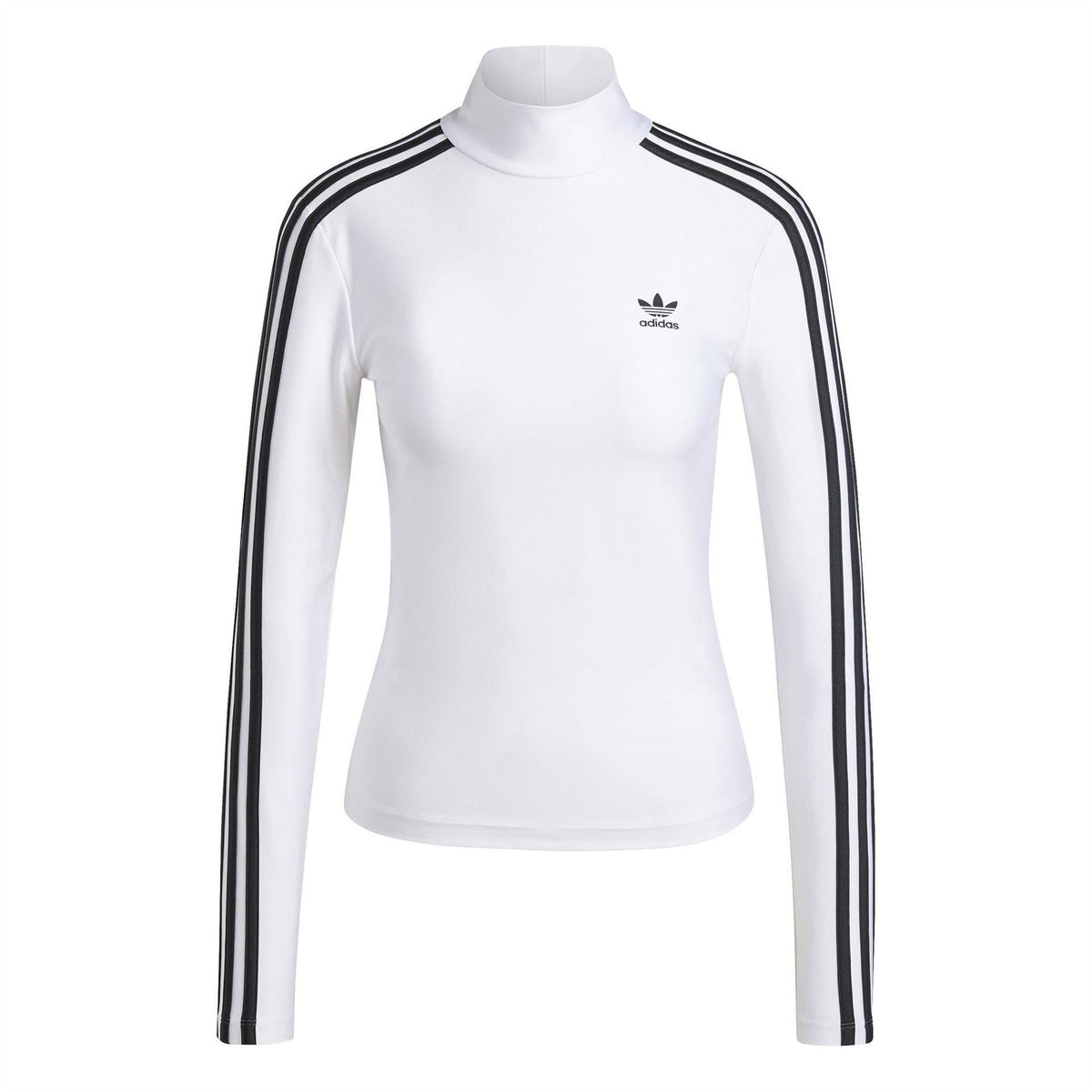 White slim-fit mock neck long-sleeve T-shirt with black three-stripe sleeves