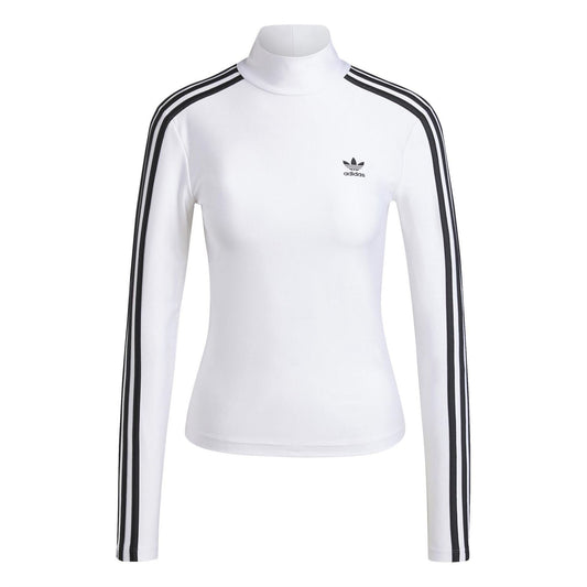 White slim-fit mock neck long-sleeve T-shirt with black three-stripe sleeves