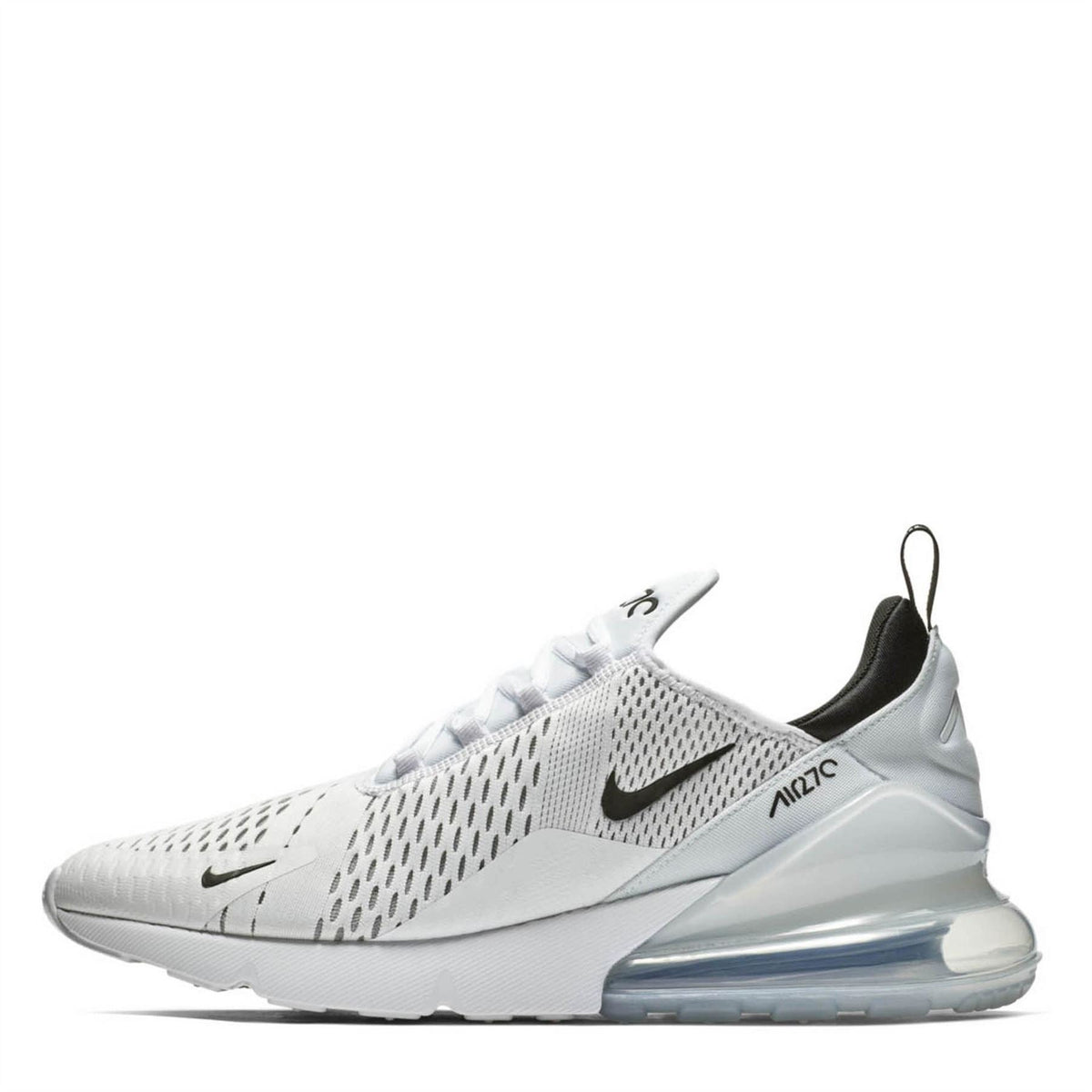 Air Max 270 trainers in white with black collar and light blue visible air unit