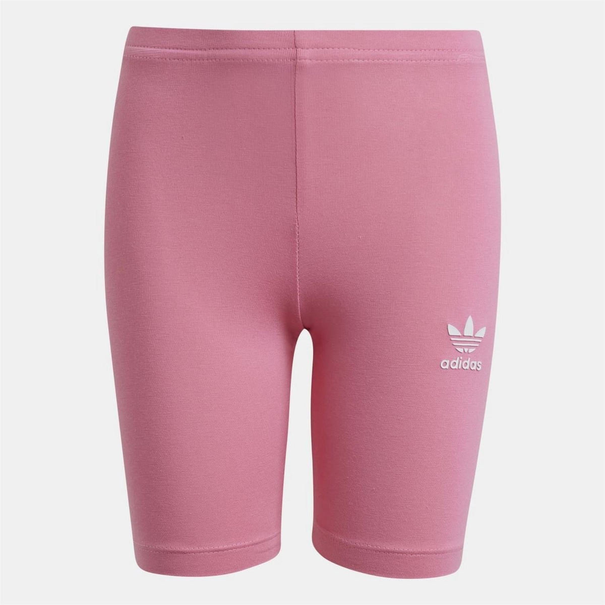 Pink adidas Originals shorts with trefoil logo on right thigh, elastic waist