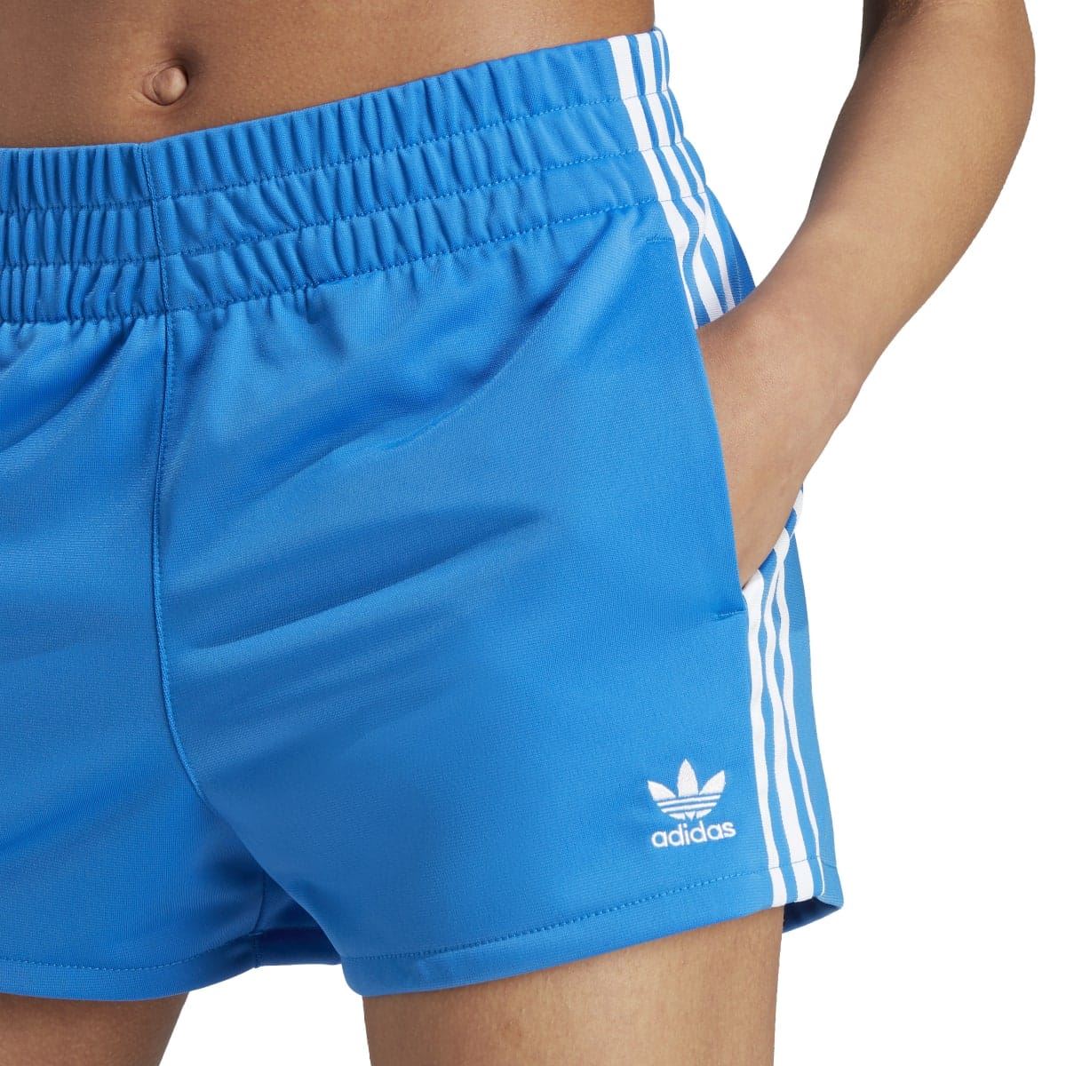 Blue Adidas Originals shorts with three white side stripes and Adidas logo detail
